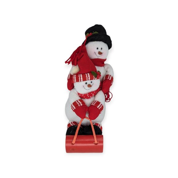 2007 Burton & Burton Sledding Snowmen Plush Pair on Wooden Sleigh - Picture 2 of 13